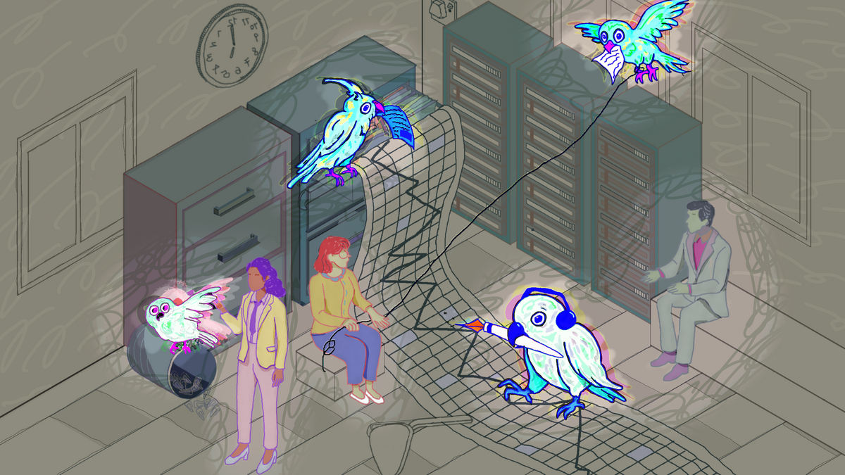 Surreal office scene with neon AI parrots composing text alongside humans near servers, illustrating how large language models select and cite sources